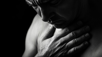 Close-up of a man clutching his chest in pain, black and white.