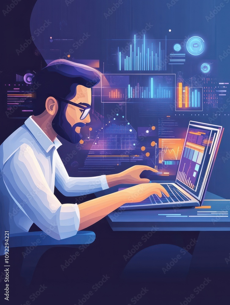 Poster analyst working at laptop with automation process. business process automation, business process wor