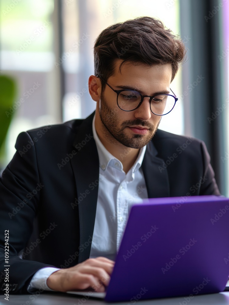 Poster analyst working at laptop with automation process. business process automation, business process wor