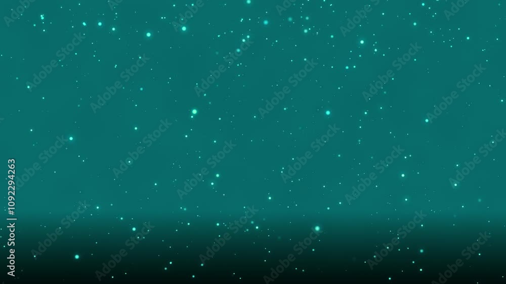 Poster teal bokeh particles floating in the air and falling to the floor on a dark background, horizontal c