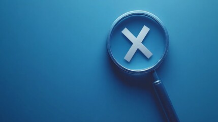Fototapeta premium Magnifying glass with a white X symbol on a blue background.