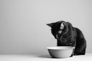 Curious black cat observes its empty bowl with intrigue