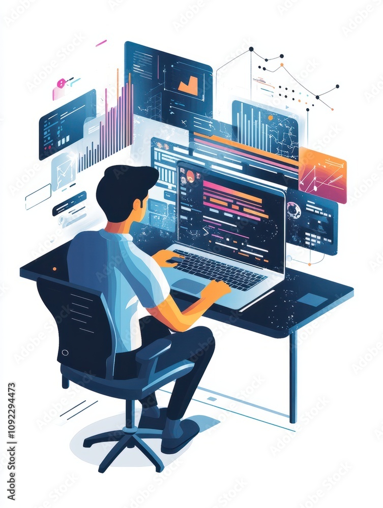 Poster analyst working at laptop with automation process. business process automation, business process wor