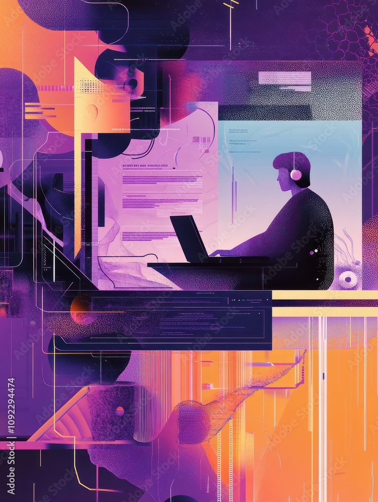 Poster analyst working at laptop with automation process. business process automation, business process wor