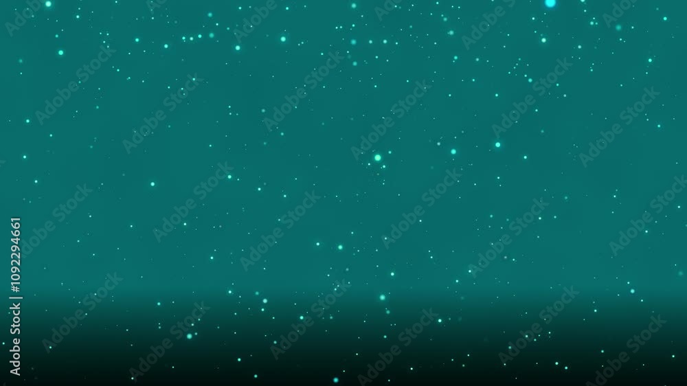 Poster teal bokeh particles floating in the air and falling to the floor on a dark background, horizontal c