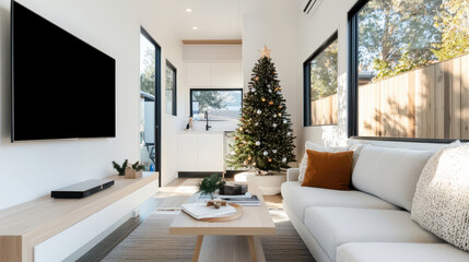 Fototapeta premium Modern living room with a Christmas tree, cozy decor, and bright natural light.
