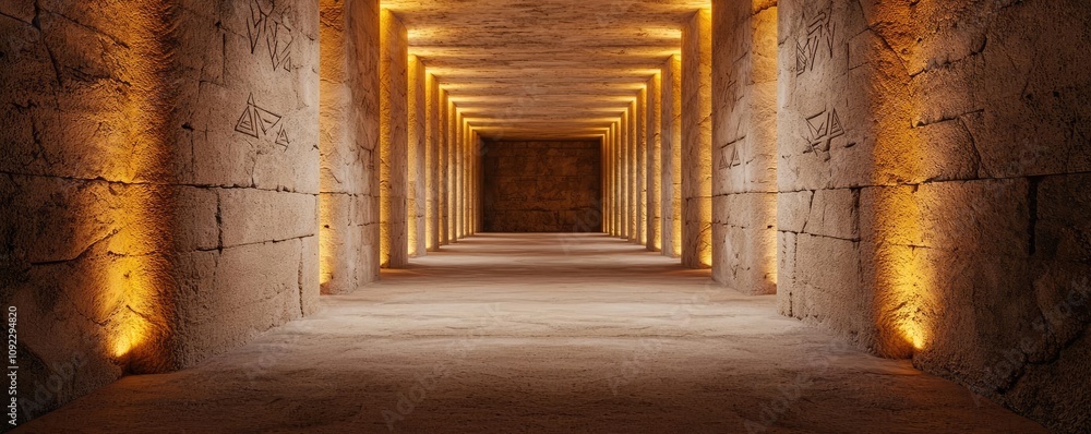 Poster illuminated corridor with stone walls, creating a mysterious atmosphere.