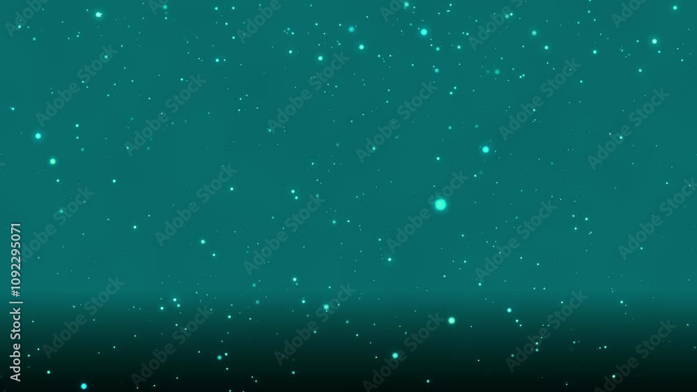Poster teal bokeh particles floating in the air and falling to the floor on a dark background, horizontal c