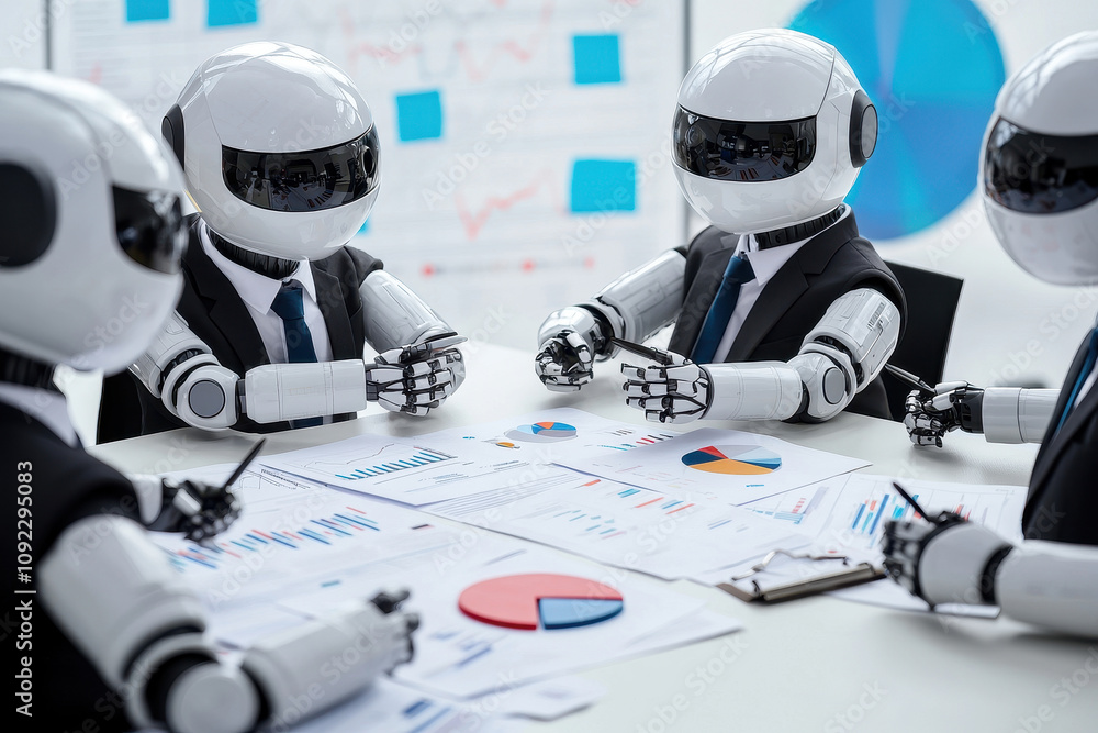 Poster robots in business suits analyzing data during a meeting.