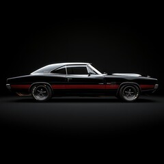 Fototapeta premium A sleek black muscle car with red accents, showcased in a dramatic lighting setup.