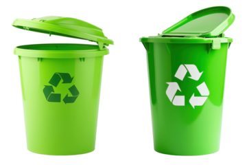 Two green recycling bins with lids, promoting eco-friendly waste management practices. transparent background.