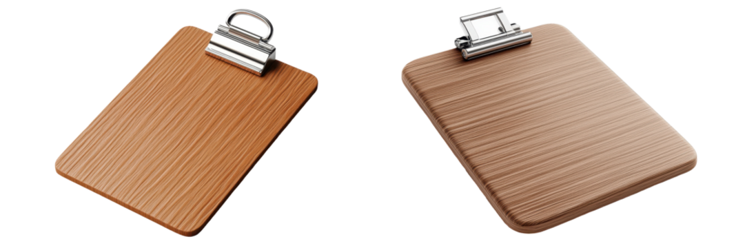 Two wooden clipboards with metal clips on a white background for office use. transparent background transparent background.