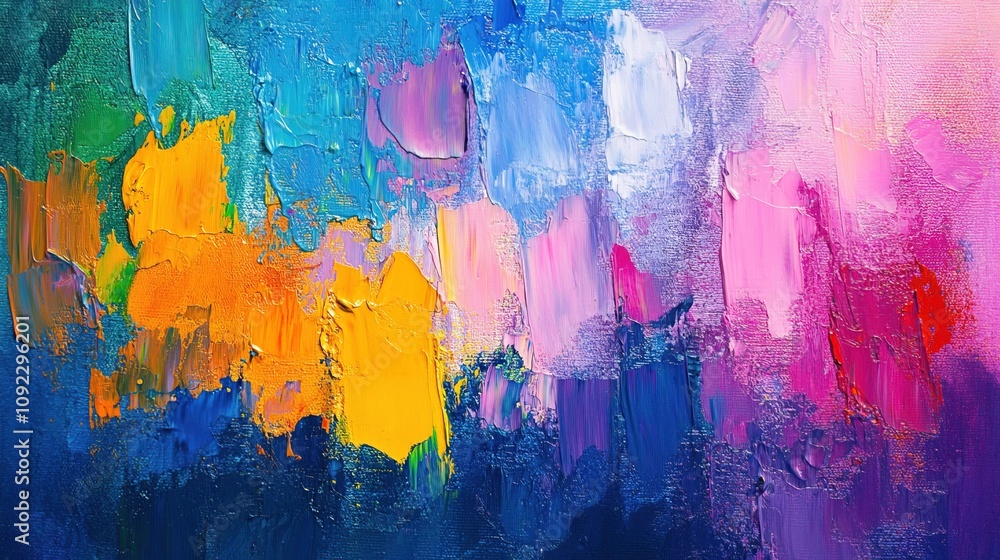 Poster vibrant abstract art creation using various paint colors on a textured canvas