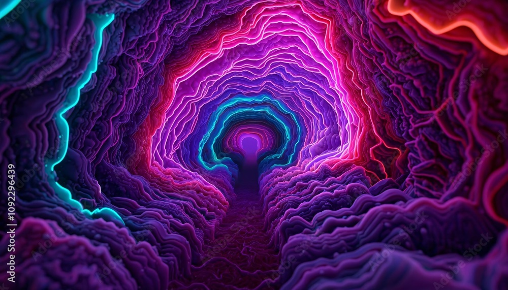 Poster vibrant abstract image showcasing a mesmerizing tunnel of color with dynamic flowing lines and depth