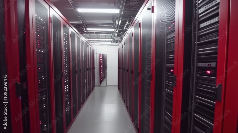 Poster red server racks line a modern data center hallway
