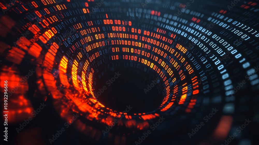 Poster a captivating digital vortex swirling with binary data in vibrant orange and blue hues, representing