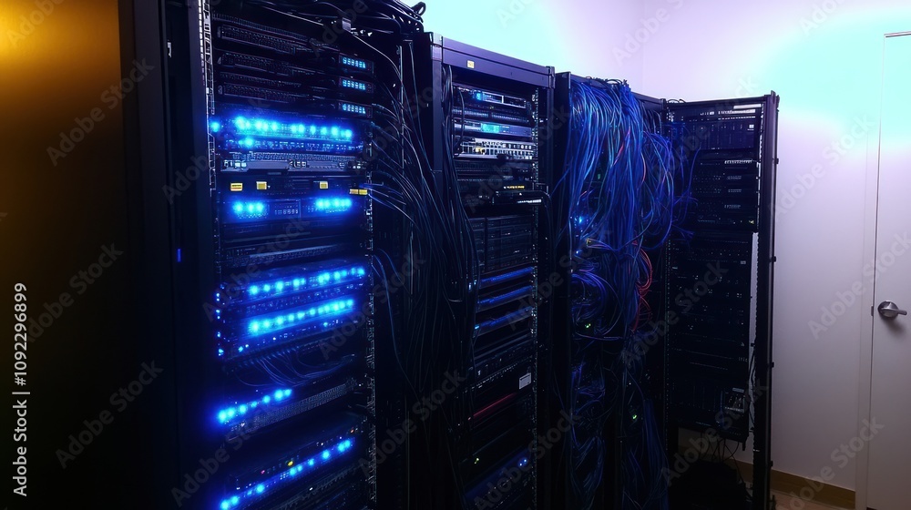 Poster illuminated server racks filled with network equipment