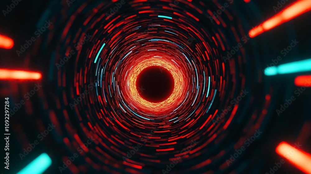 Poster a mesmerizing view of a futuristic vortex with glowing lights swirling around a central core, creati