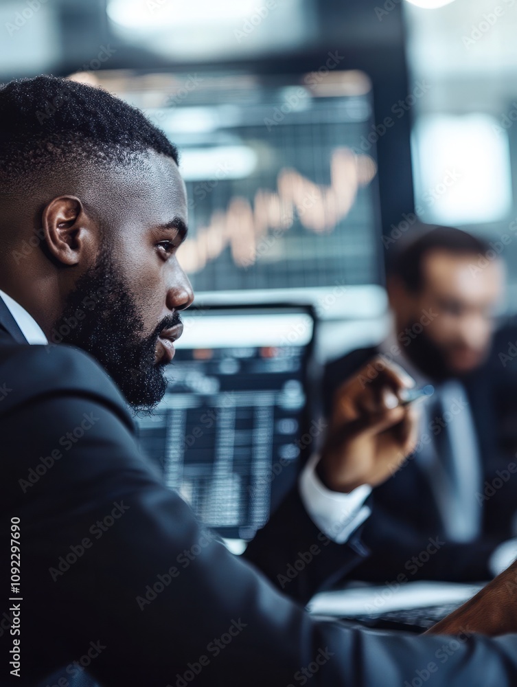 Poster business trader team doing blockchain analysis inside hedge fund office - soft focus on african left