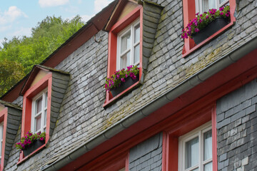 Fragment of an old German house - window sills with flowers and blinds are typically painted