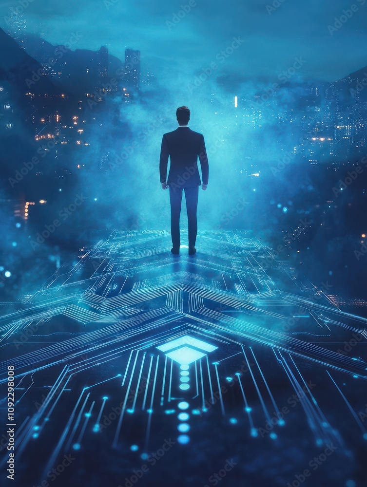 Poster businessman standing on abstract circuit arrow sketch on blue background with mock up place. success