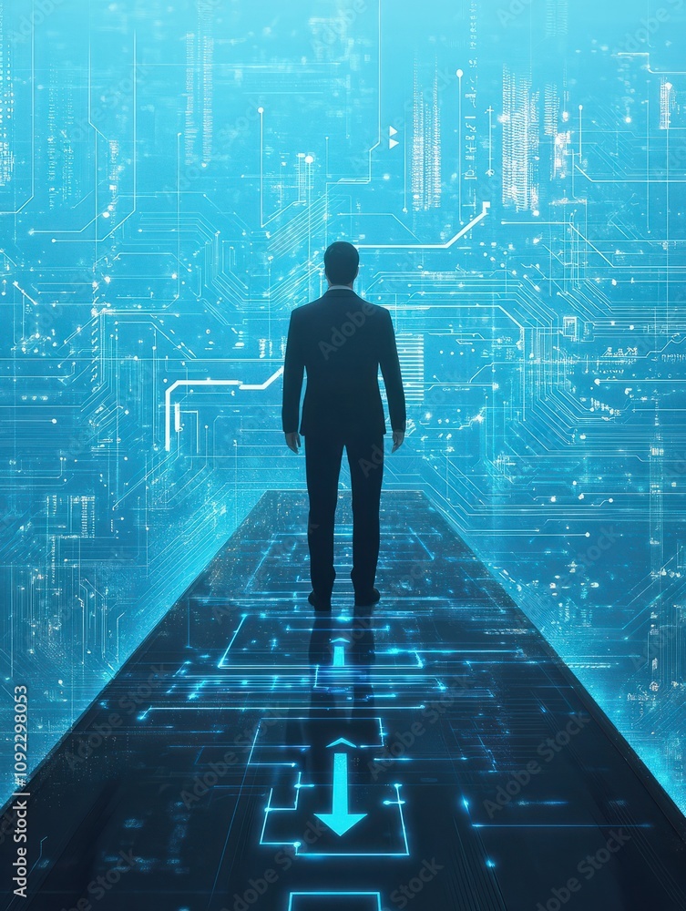 Aufkleber businessman standing on abstract circuit arrow sketch on blue background with mock up place. success