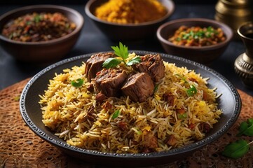 A serving of biryani rice with lamb and aromatic spices.