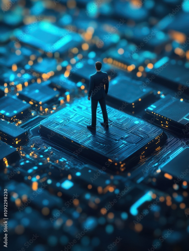 Poster businessman with abstract desktop with computer workplace standing on keyboard keys. digital transfo