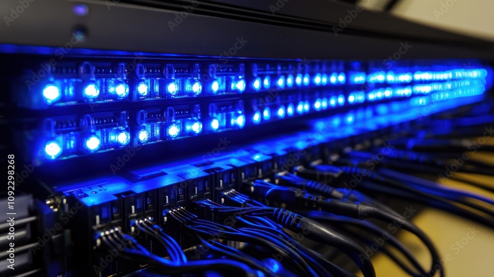 Aufkleber illuminated server rack with numerous network cables