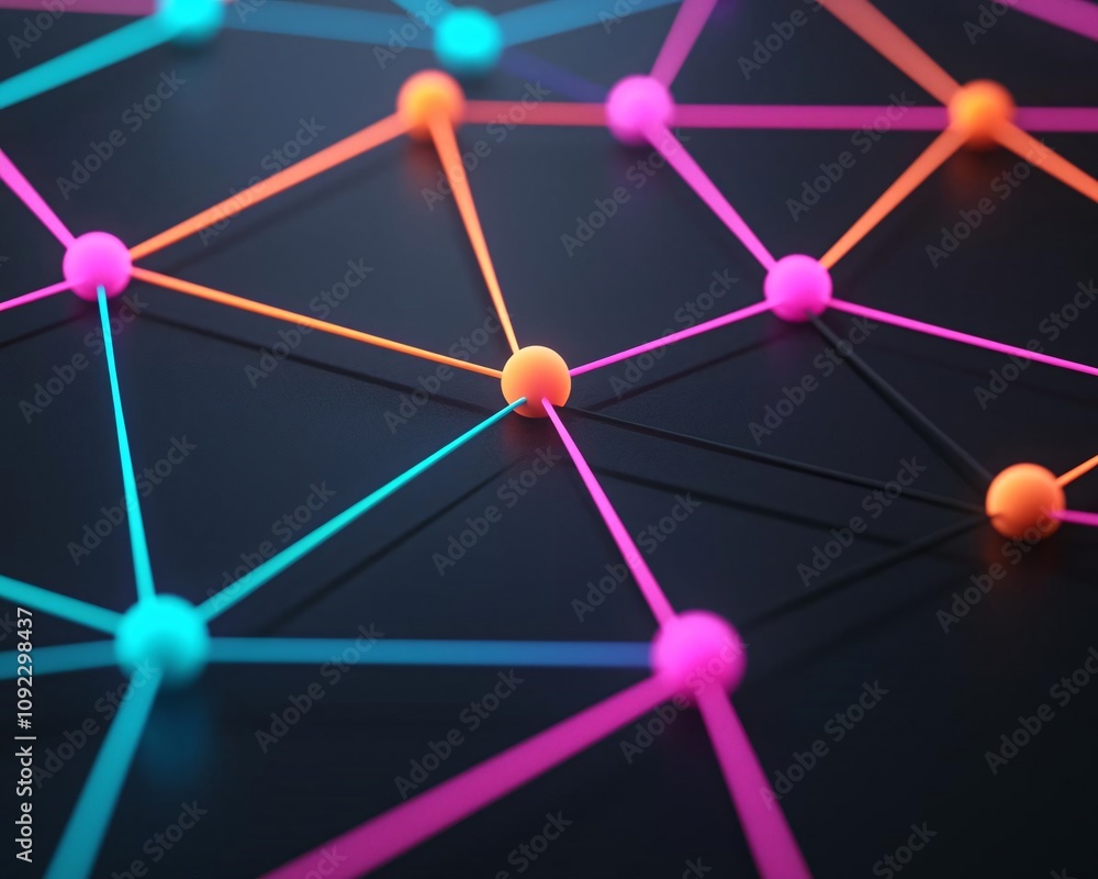 Poster abstract network connections with colorful nodes and lines on a dark background, representing digita