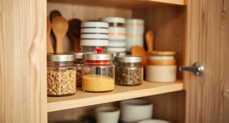 A wooden cabinet with jars and spoons arranged neatly, creating a warm and practical kitchen atmosphere. Tidy storage interior
