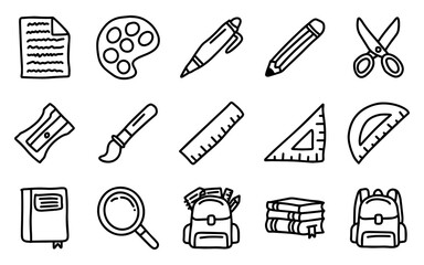 Fototapeta premium Stationery Icon Set. Collection of a hand drawn school supply. Cute stationery icons. Vector illustration