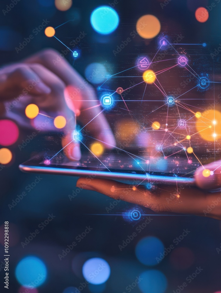 Poster close up of backlit hand using tablet on desktop with creative glowing connected people icons on blu