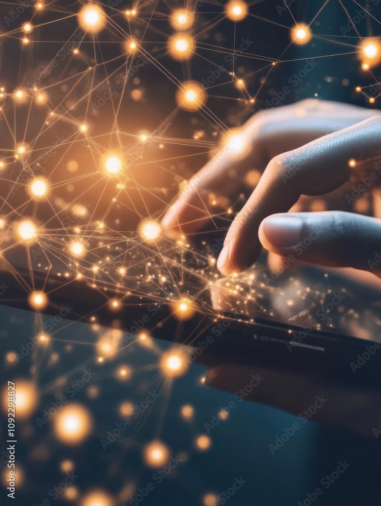 Aufkleber close up of backlit hand using tablet on desktop with creative glowing connected people icons on blu