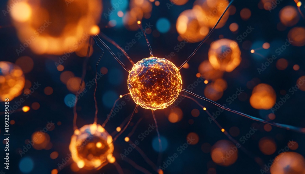 Poster close-up view of glowing cells in a scientific environment, showcasing microstructures and vibrant c