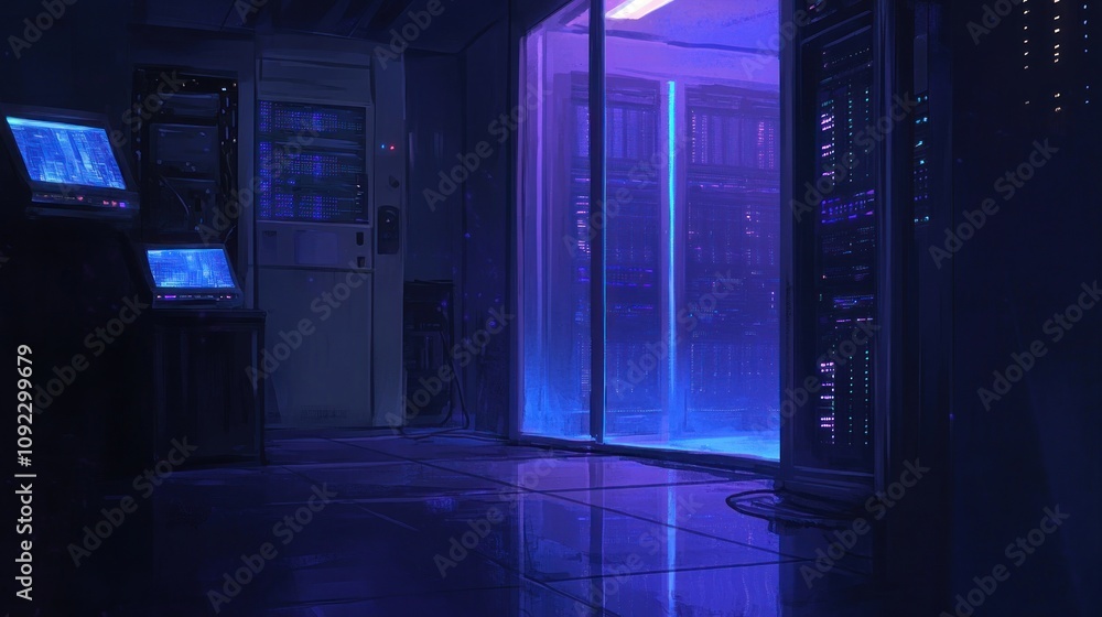 Poster dark server room with glowing monitors and racks
