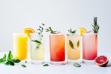 Fototapeta premium A vibrant array of non-alcoholic mocktails displayed in elegant glassware, adorned with fresh fruits and herbs, isolated on white.
