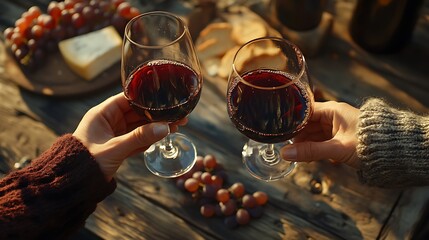 Close-up of hands holding red wine glasses, rustic wooden table beneath, scattered grapes and cheese platter visible, warm sunlight casting soft shadows, cozy and inviting atmosphere, hd quality,