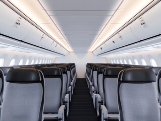 Modern airplane interior with empty seats.