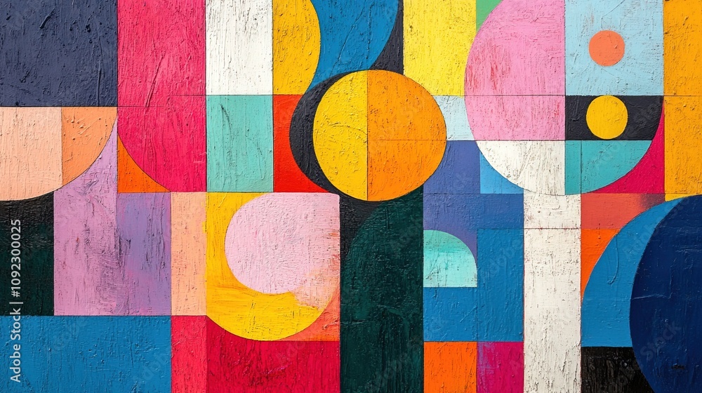 Poster colorful abstract shapes and geometric patterns create a vibrant composition