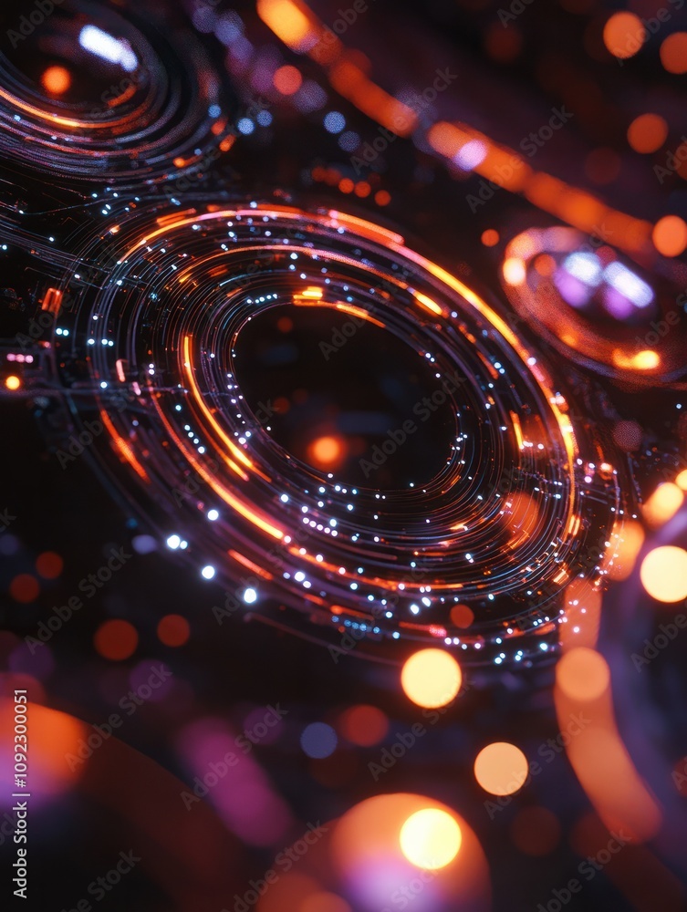 Poster creative circuit texture with glowing circles and lines. chip and engineering concept. 3d rendering.