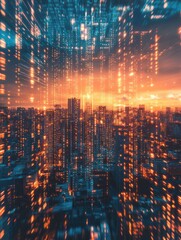 Fototapeta premium Creative binary code city backdrop. Digital transformation concept. Double exposure