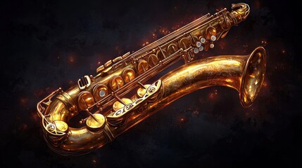 Obraz premium Exquisite Golden Saxophone with Intricate Details Set Against a Dark Background, Capturing the Essence of Musical Passion and Artistry in a Strikingly Artistic Presentation