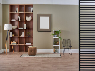 Room interior concept, bookshelf, frame, lamp, vase of plant, chair, carpet detail. Modern wall.