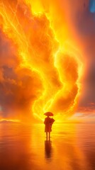 Obraz premium Solitary Figure Under Fiery Sunset Sky With Lightning