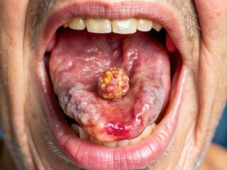 Obraz premium Detailed Portrait of Oral Cancer Lesions on Tongue for Medical Education and Awareness, Capturing the Impact of Disease on Oral Health and Patient Care in Close-Up Photography