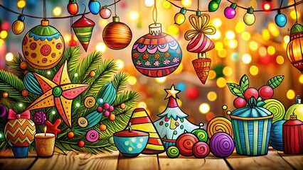 Fototapeta premium Hand-drawn decorations, doodle art, AI-generated festive imagery.