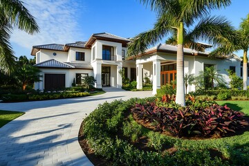 Fototapeta premium Luxurious Coastal Residence With Palm Trees And Landscaped Gardens