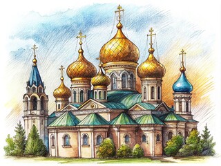 Fototapeta premium Hand-drawn Orthodox church domes, captured in black ink.