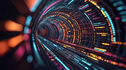 Futuristic tunnel with vibrant neon lights and intricate designs.